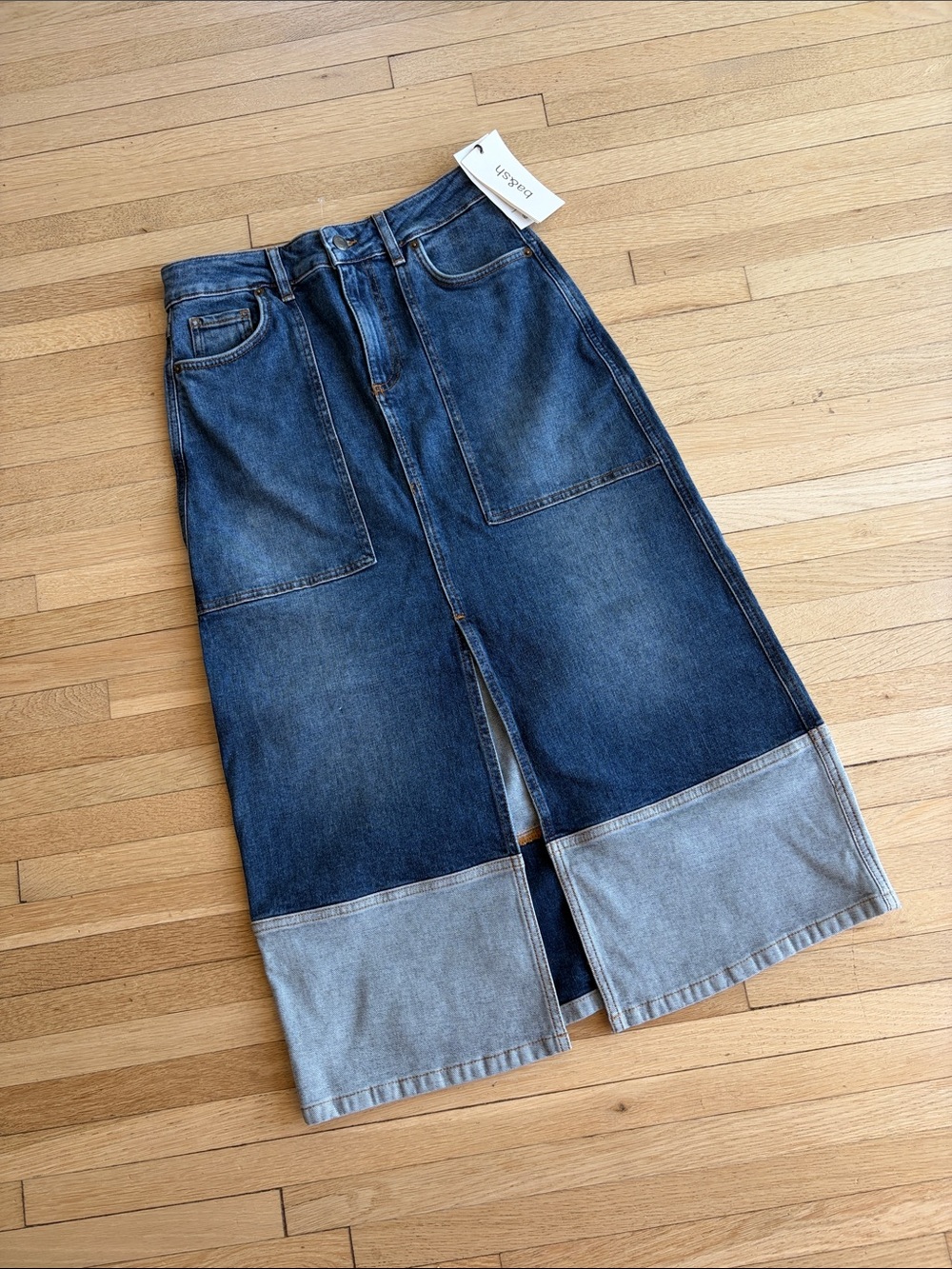NWT. ba&sh Two-Tone Denim Vicky Midi Skirt with Front Slit - Dark & Light Blue